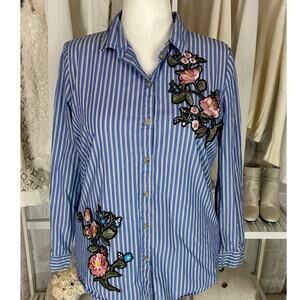 Polly & Esther Women's Sz L Blue Striped Floral Applique Button Up Blouse #0599